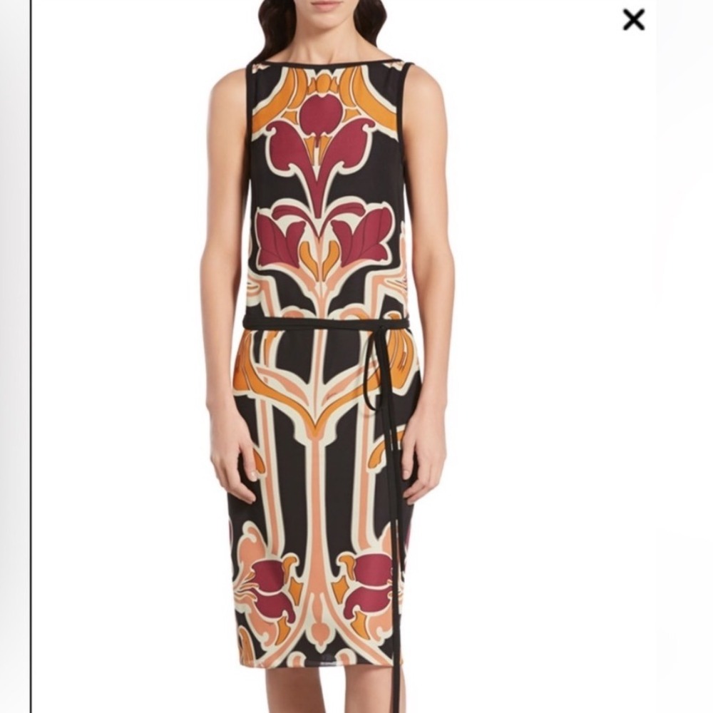 Gucci Sheath Dress EU 40 US 4 Art Nouveau Floral Print Silk Sleeveless Belted